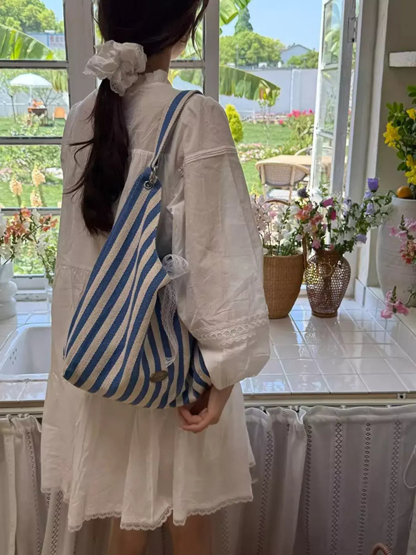 Striped Canvas Tote Bag - Trendsi - Flyclothing LLC