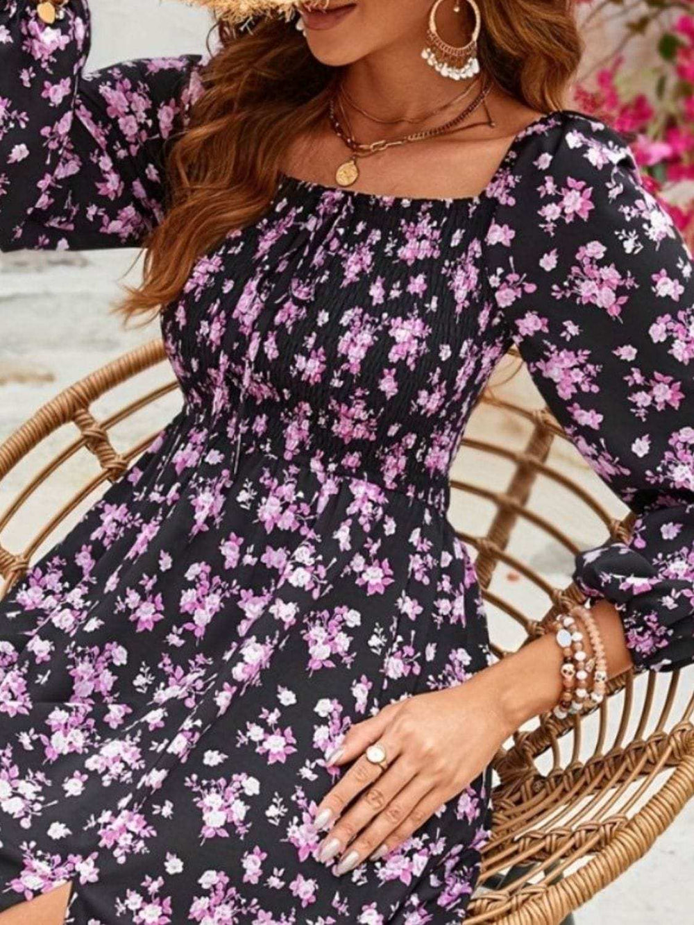 Slit Smocked Floral Square Neck Balloon Sleeve Midi Dress - Trendsi - Flyclothing LLC