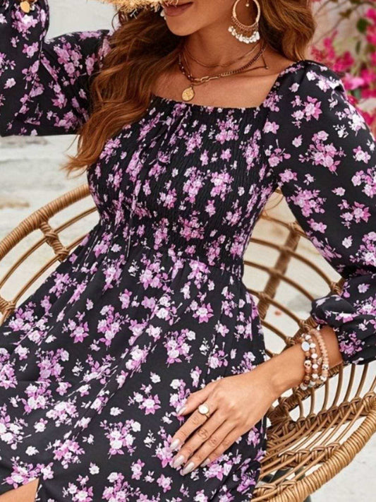 Slit Smocked Floral Square Neck Balloon Sleeve Midi Dress - Trendsi - Flyclothing LLC