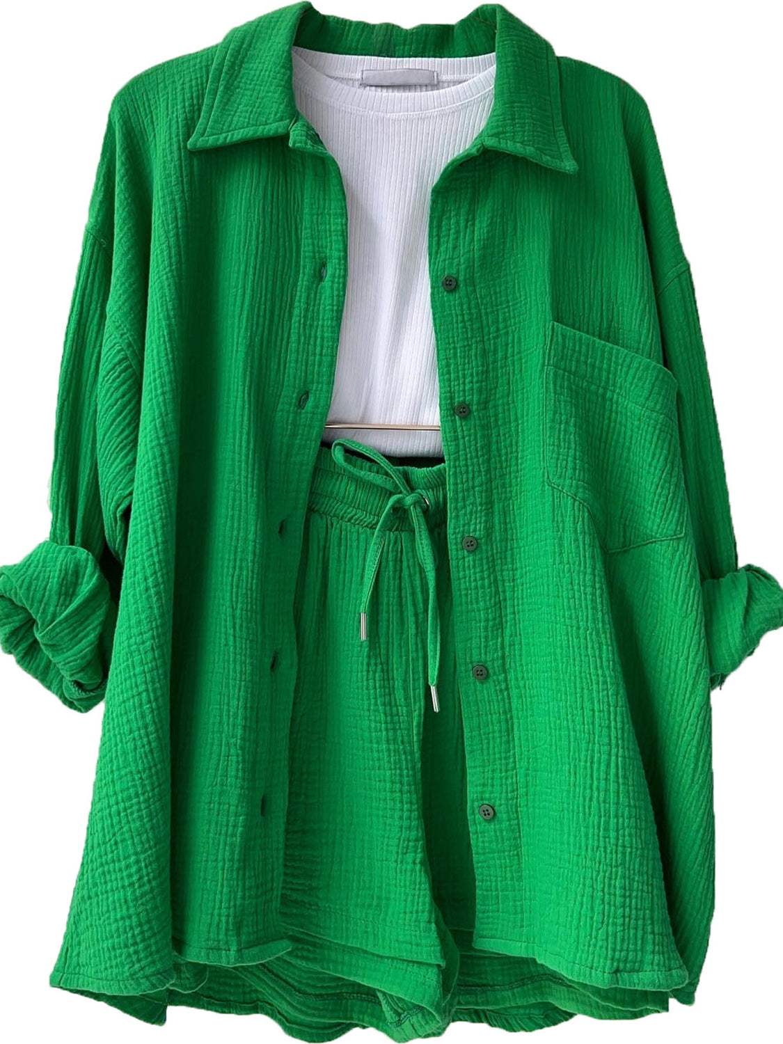 Texture Button Up Shirt and Drawstring Shorts Set - Trendsi - Flyclothing LLC