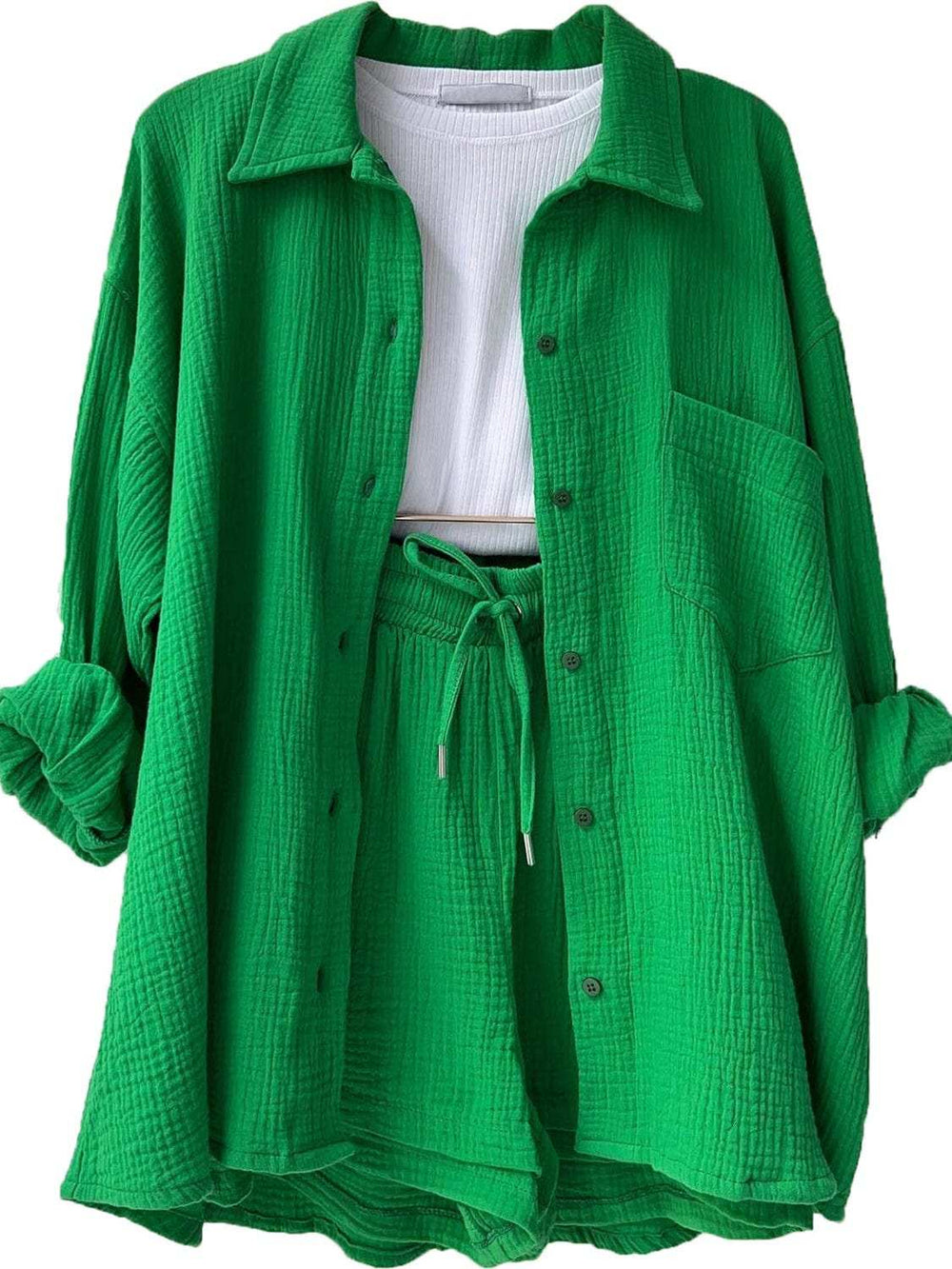 Texture Button Up Shirt and Drawstring Shorts Set - Trendsi - Flyclothing LLC