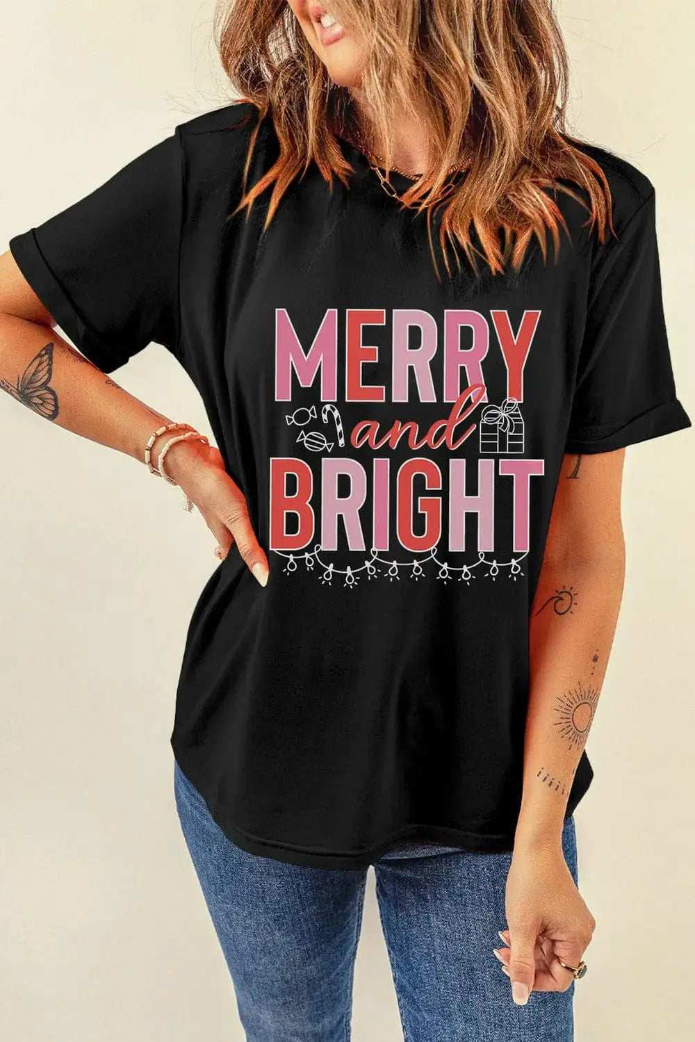 MERRY AND BRIGHT Round Neck Short Sleeve T-Shirt - Trendsi - Flyclothing LLC