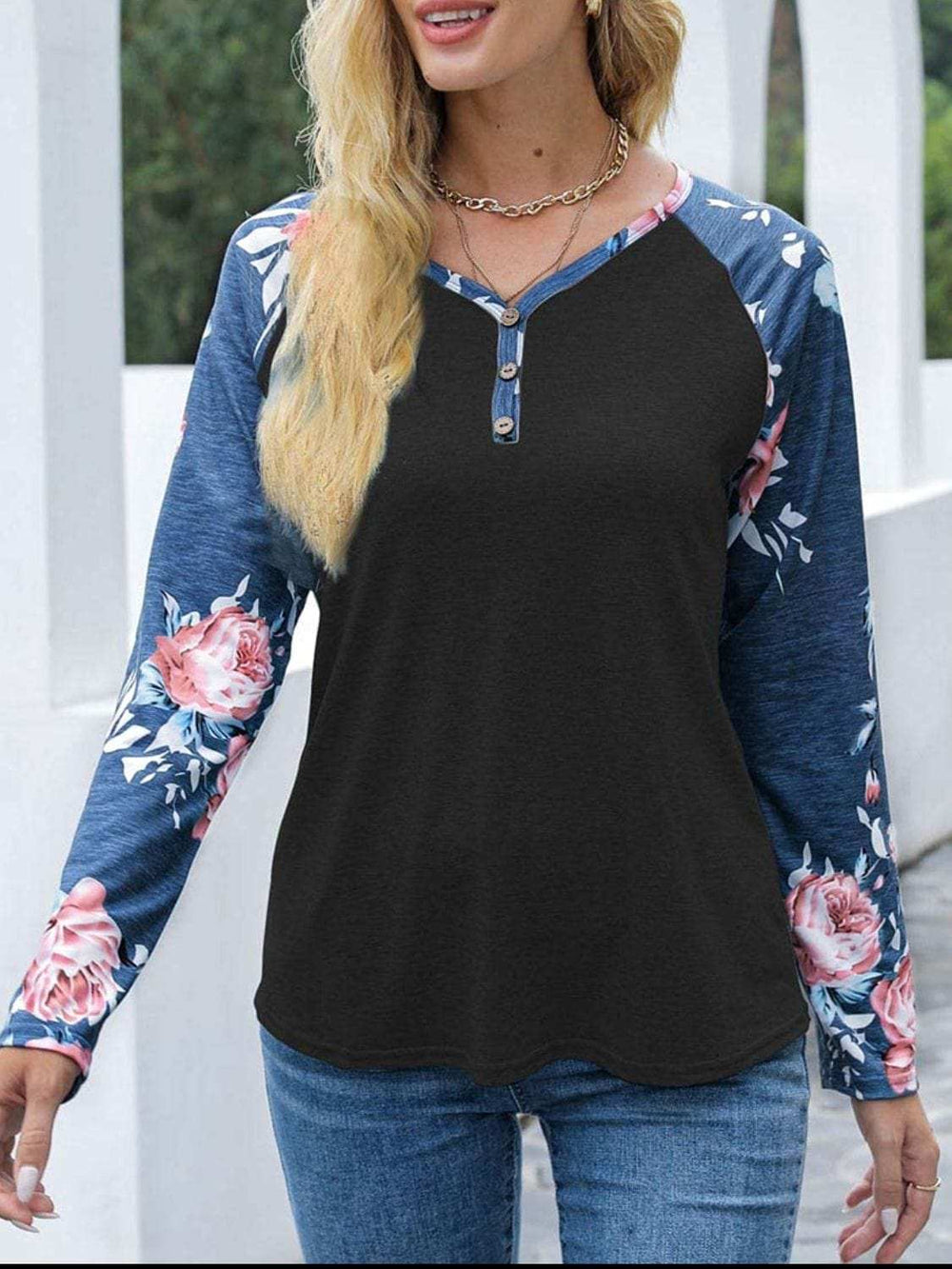V-Neck Floral Long Sleeve T-Shirt - Trendsi - Flyclothing LLC