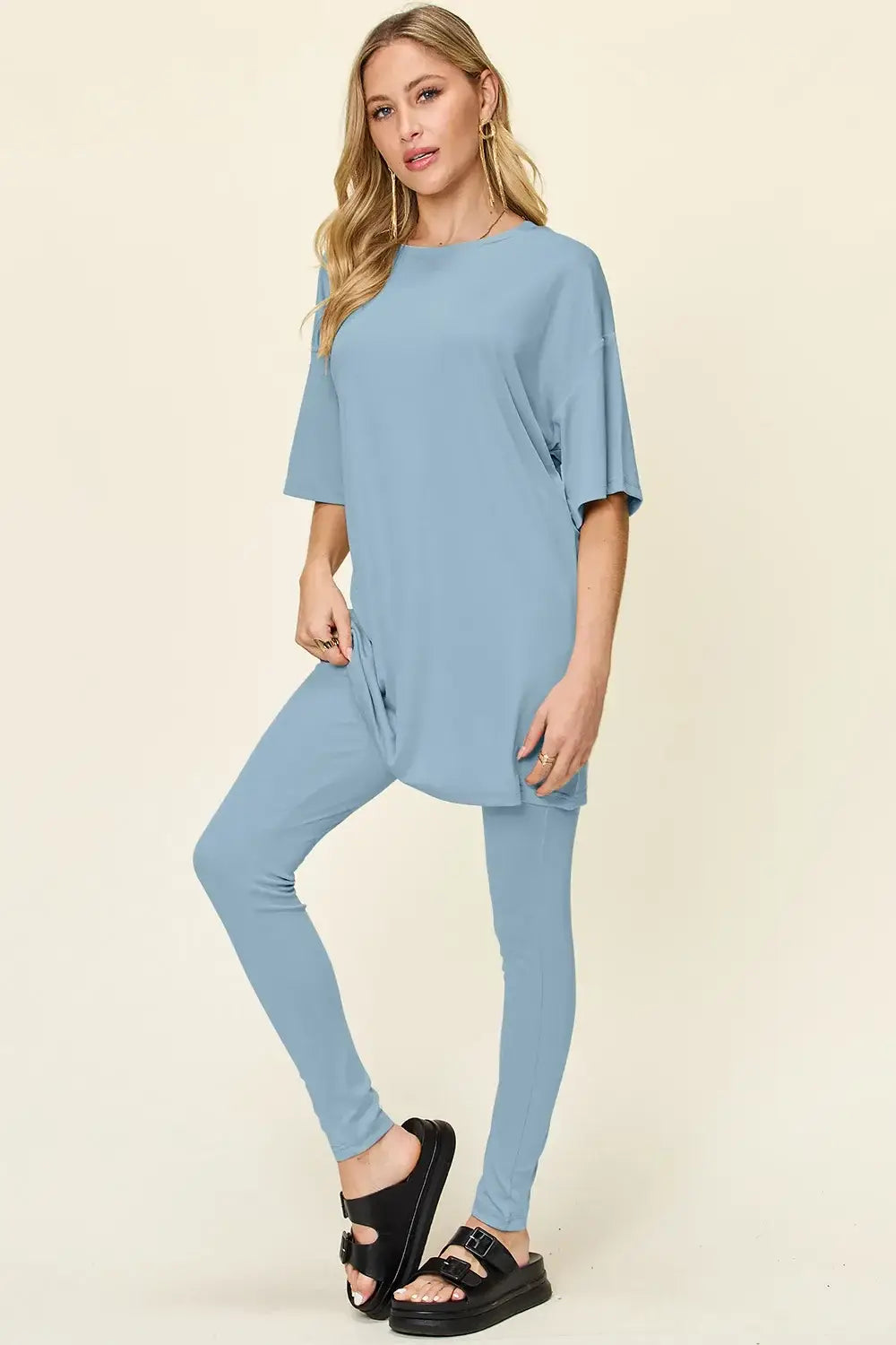 Double Take Full Size Round Neck Dropped Shoulder T-Shirt and Leggings Set - Trendsi - Flyclothing LLC