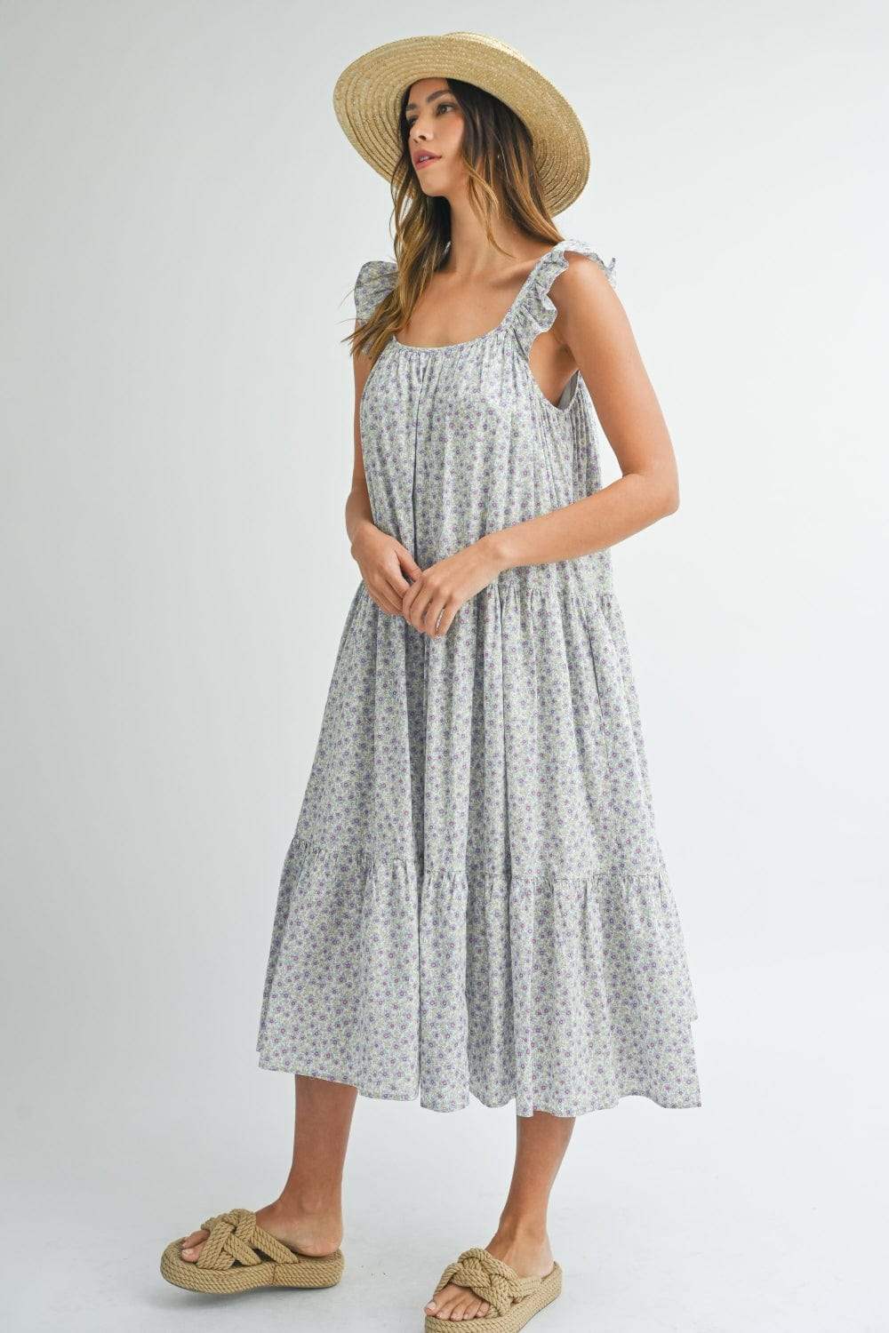 MABLE Floral Ruffle Shoulder Tiered Midi Dress - Trendsi - Flyclothing LLC