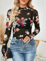 Floral Mock Neck Long Sleeve Top - Trendsi - Flyclothing LLC