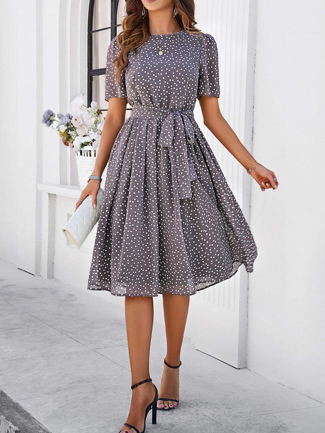 Printed Round Neck Short Sleeve Dress - Trendsi - Flyclothing LLC