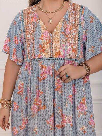 Plus Size Printed Tie Neck Flutter Sleeve Maxi Dress - Trendsi - Flyclothing LLC