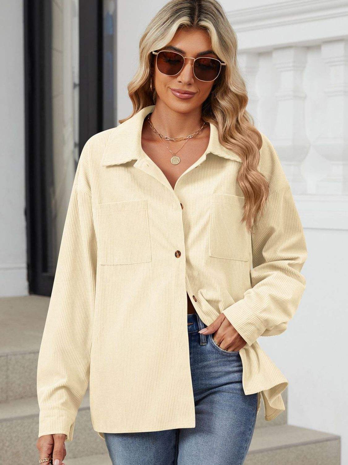 Button Up Dropped Shoulder Long Sleeve Outerwear - Trendsi - Flyclothing LLC