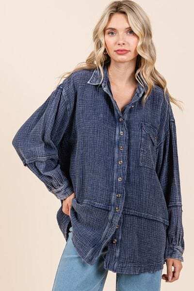 Mittoshop Textured Collared Neck Long Sleeve Shirt - Trendsi - Flyclothing LLC