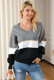 Color Block V Neck Long Sleeve Sweater - Trendsi - Flyclothing LLC