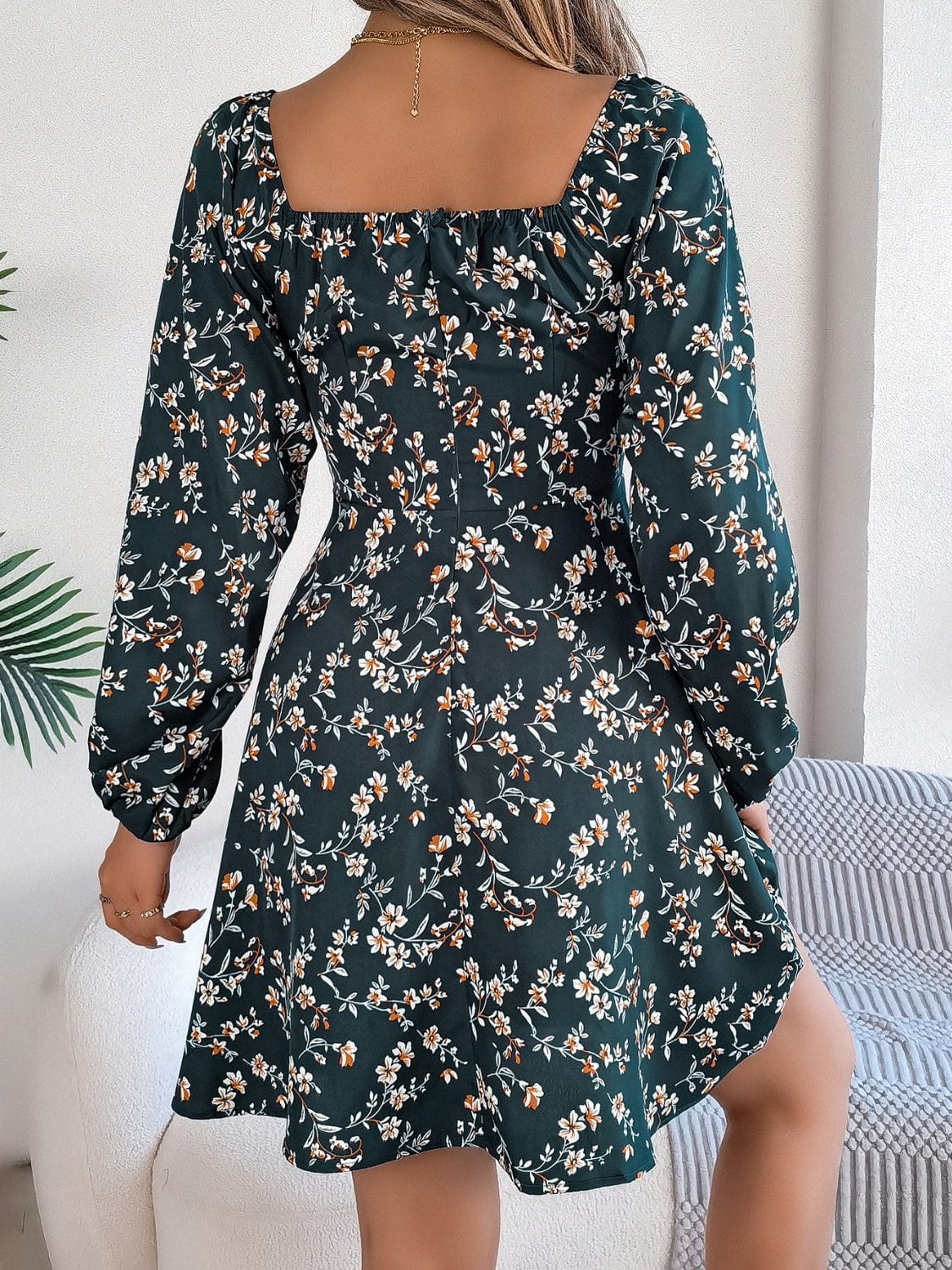 Printed Sweetheart Neck Balloon Sleeve Mini Dress - Trendsi