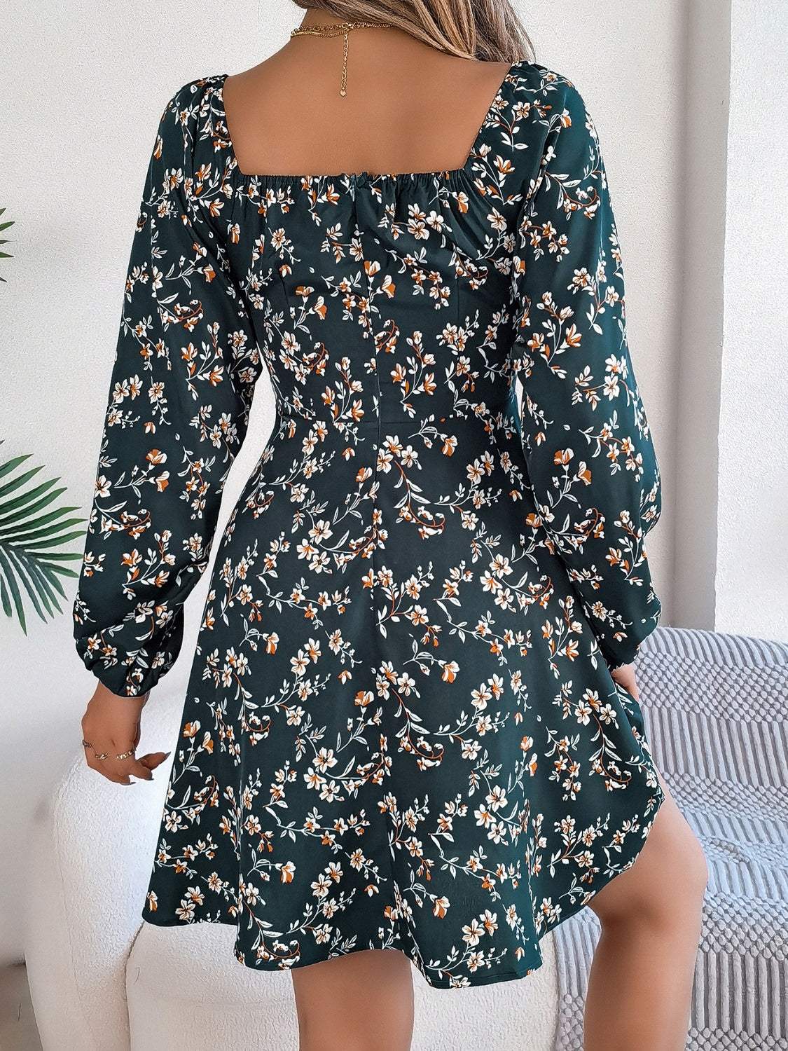 Printed Sweetheart Neck Balloon Sleeve Mini Dress - Trendsi - Flyclothing LLC