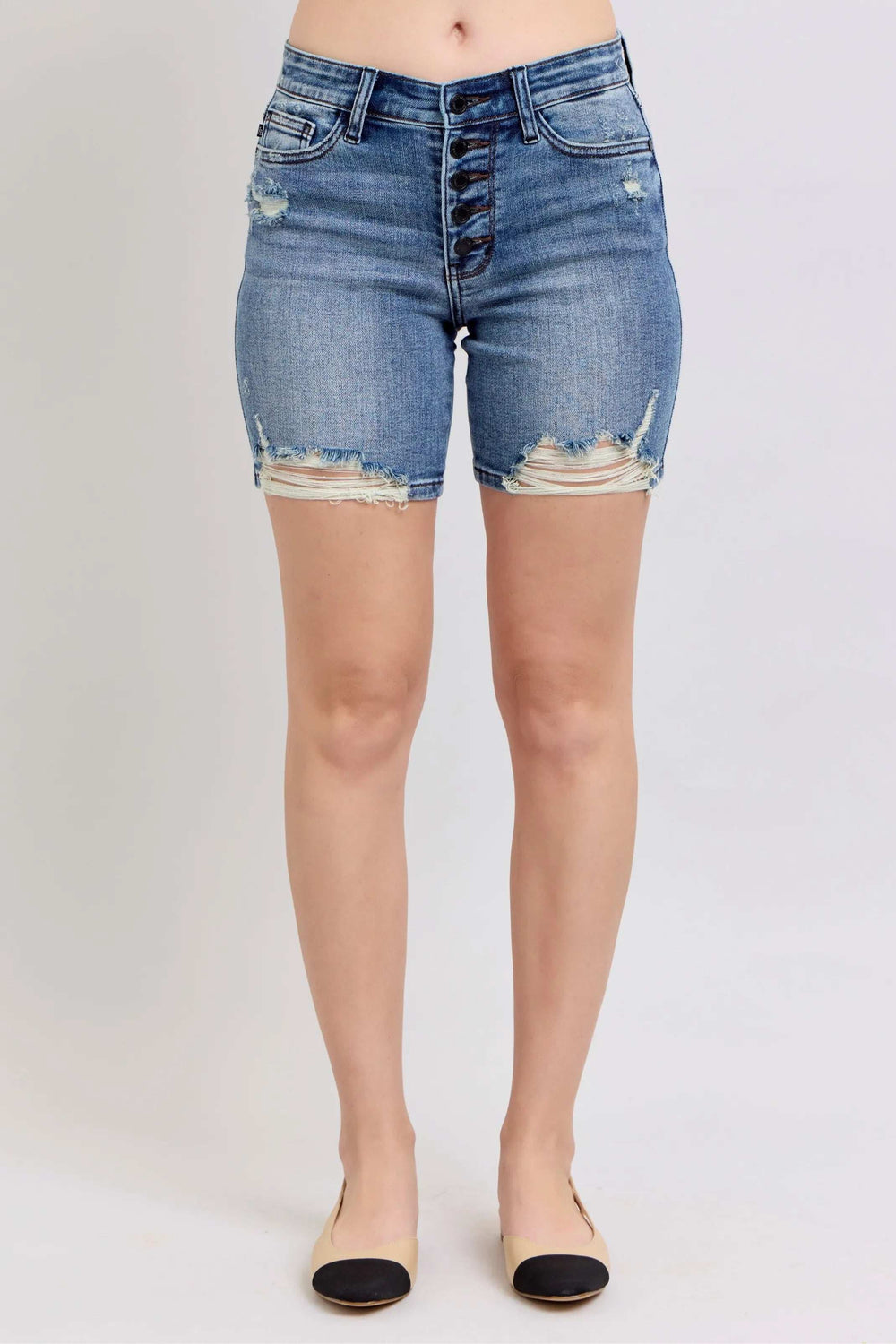 Judy Blue Button Fly Mid Length Denim Shorts W/ Destroy - Trendsi - Flyclothing LLC