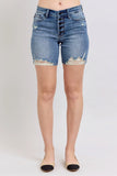 Judy Blue Button Fly Mid Length Denim Shorts W/ Destroy - Trendsi