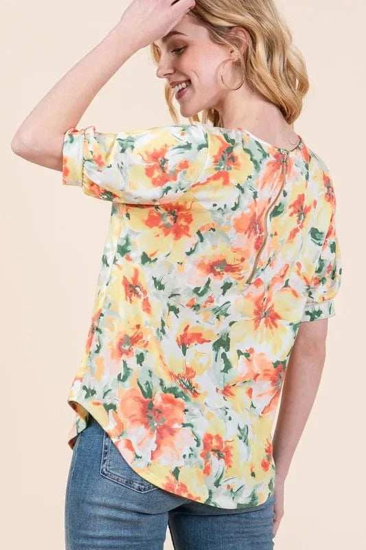 BOMBOM Floral Round Neck Puff Sleeve Top - Trendsi - Flyclothing LLC