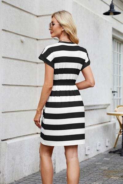 Tied Contrast Striped Short Sleeve Mini Tee Dress - Trendsi - Flyclothing LLC