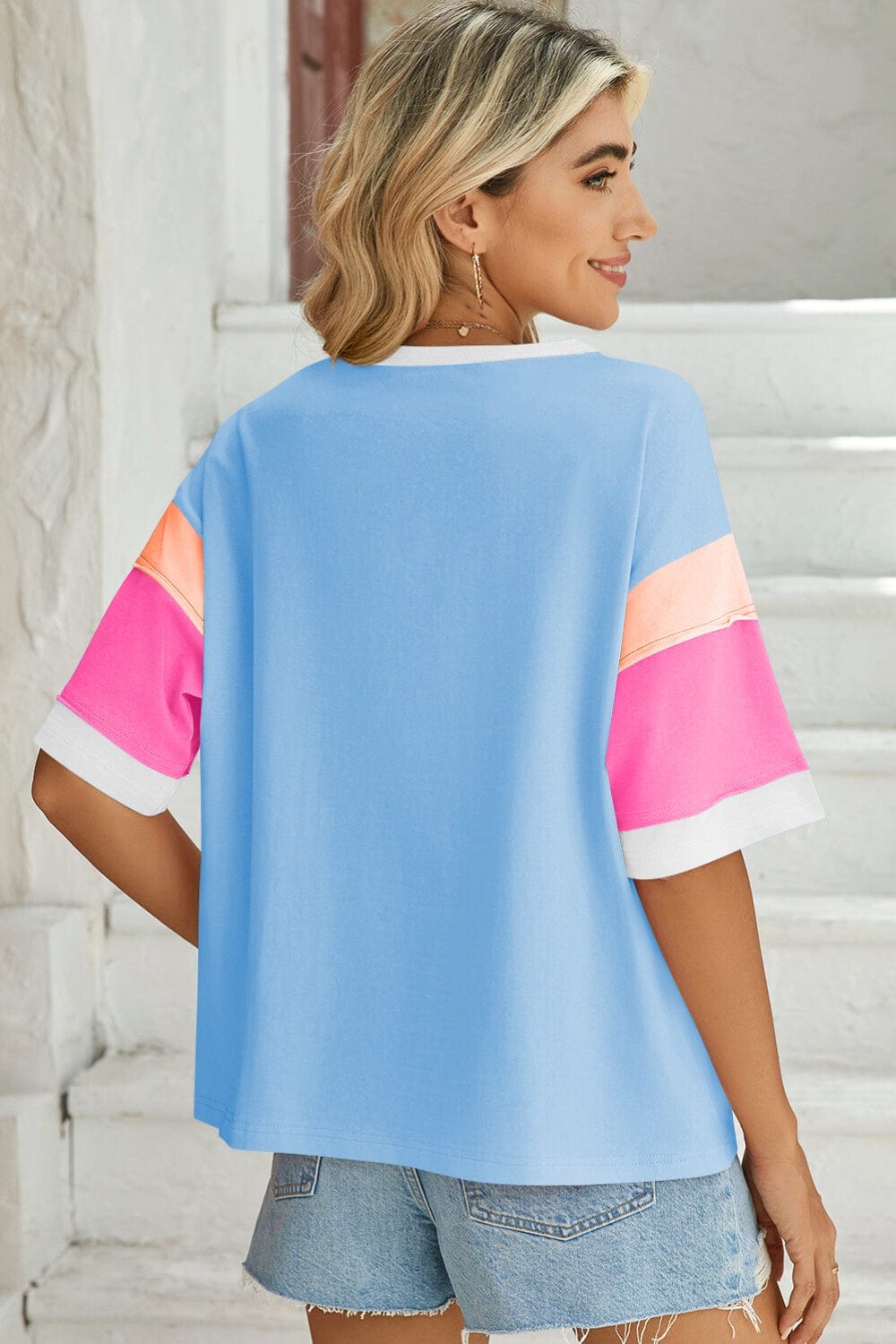 Lovelet Color Block Round Neck Half Sleeve T-Shirt - Trendsi