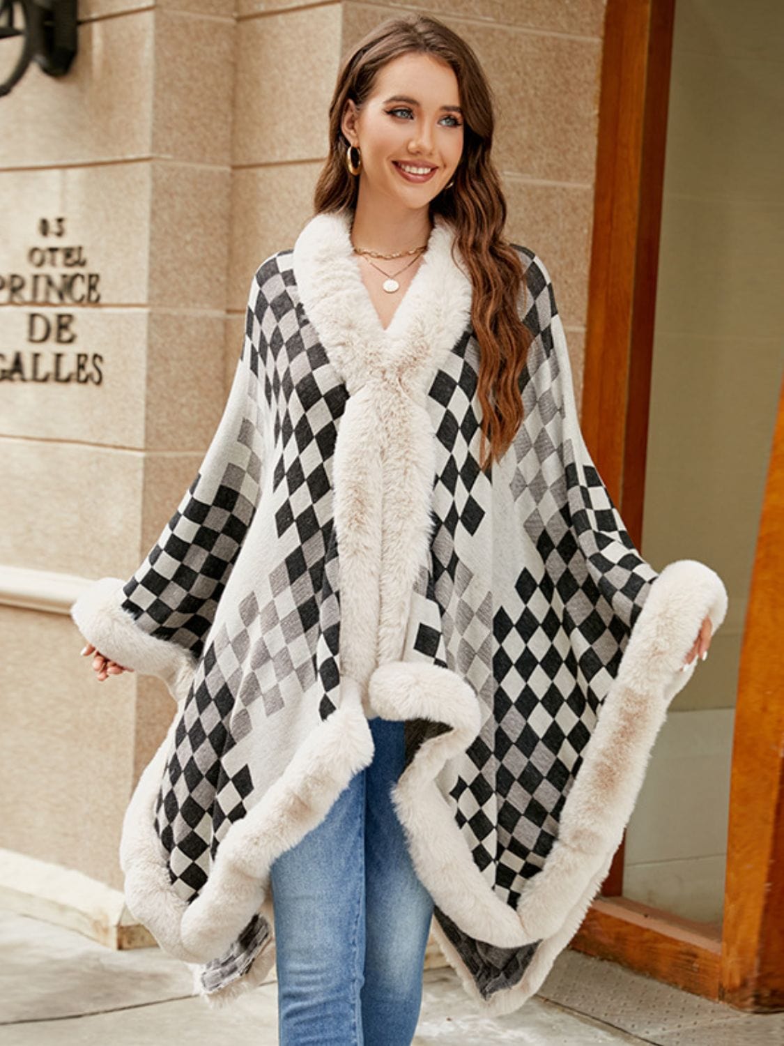Fuzzy Checkered Long Sleeve Poncho - Trendsi