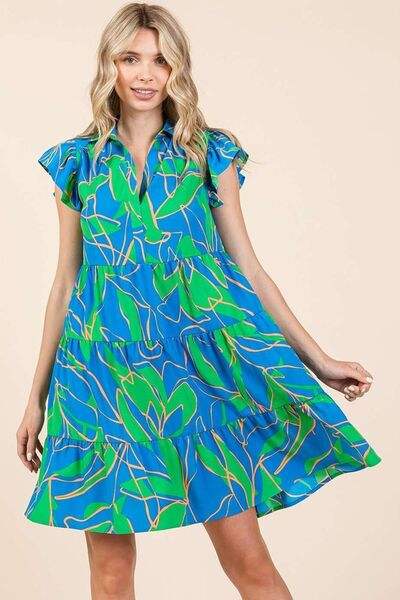 Mittoshop Leaf Print Ruffle Sleeve Tiered Mini Dress - Trendsi - Flyclothing LLC
