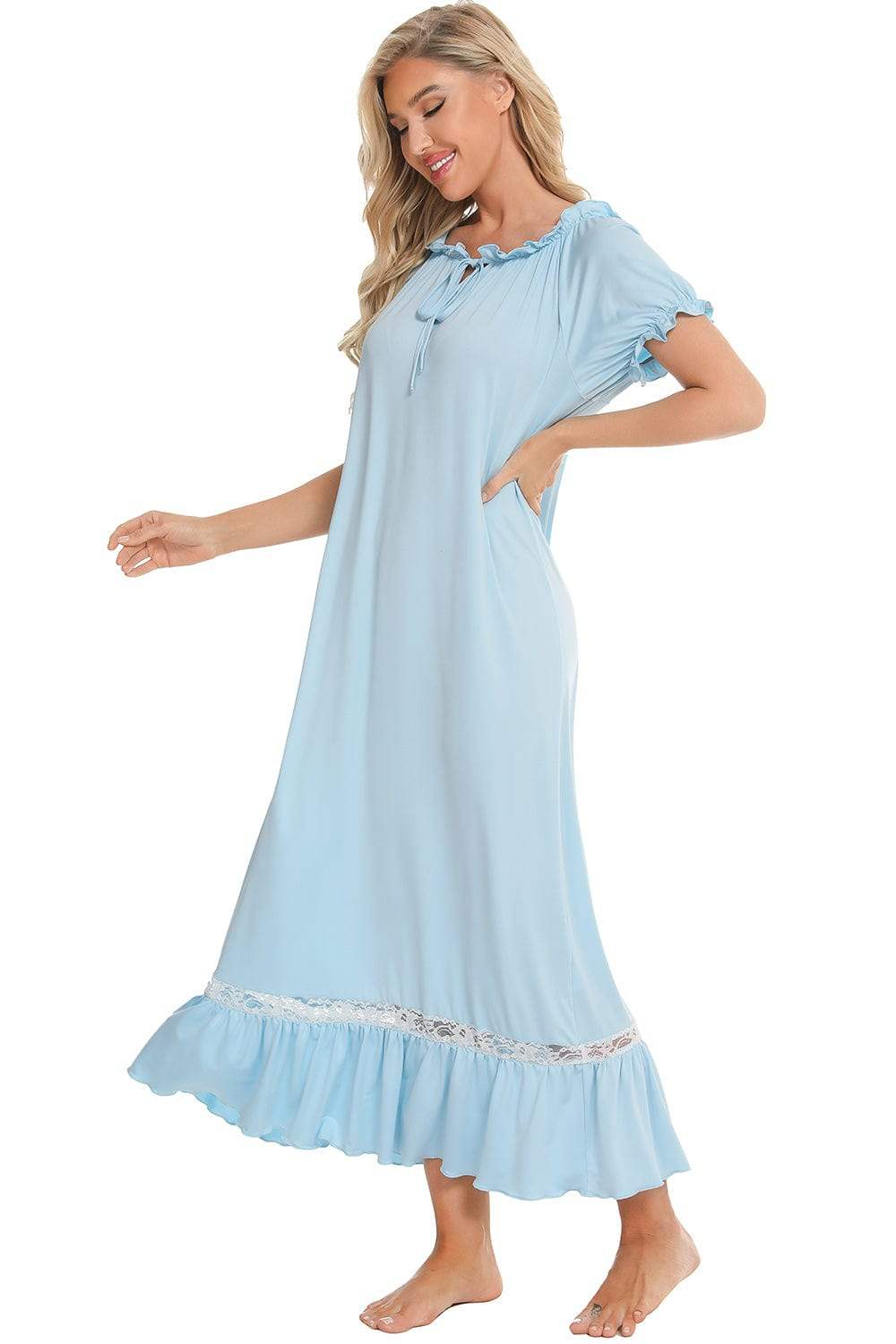 Lace Detail Short Sleeve Lounge Dress - Trendsi - Flyclothing LLC