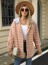 Plaid Button Up Long Sleeve Drawstring Hooded Jacket - Trendsi - Flyclothing LLC