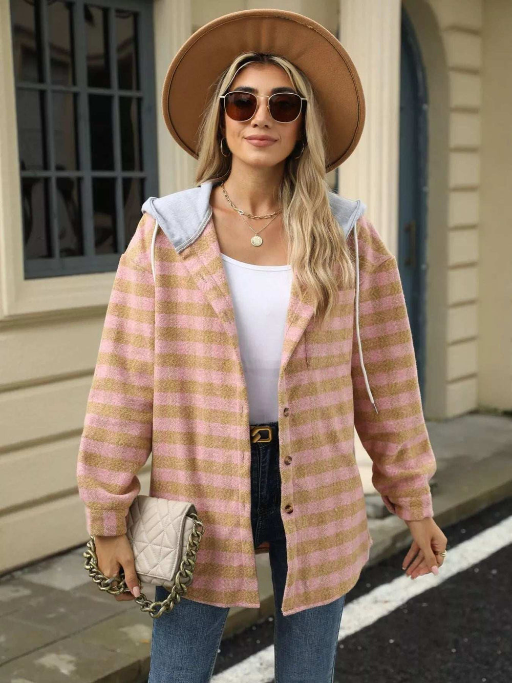 Plaid Button Up Long Sleeve Drawstring Hooded Jacket - Trendsi - Flyclothing LLC