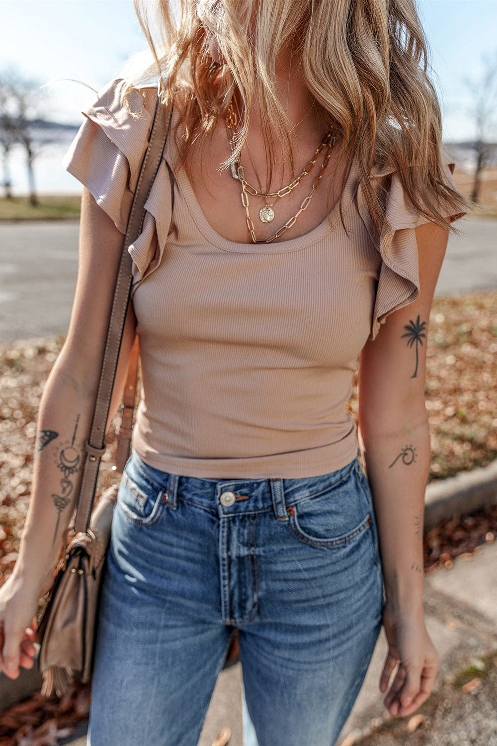 Ribbed Knit Ruffled Cap Sleeve Slim Fit Top - Trendsi