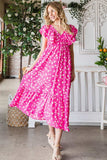 Reborn J Printed V-Neck Ruffle Trim Tiered Midi Dress - Trendsi - Flyclothing LLC