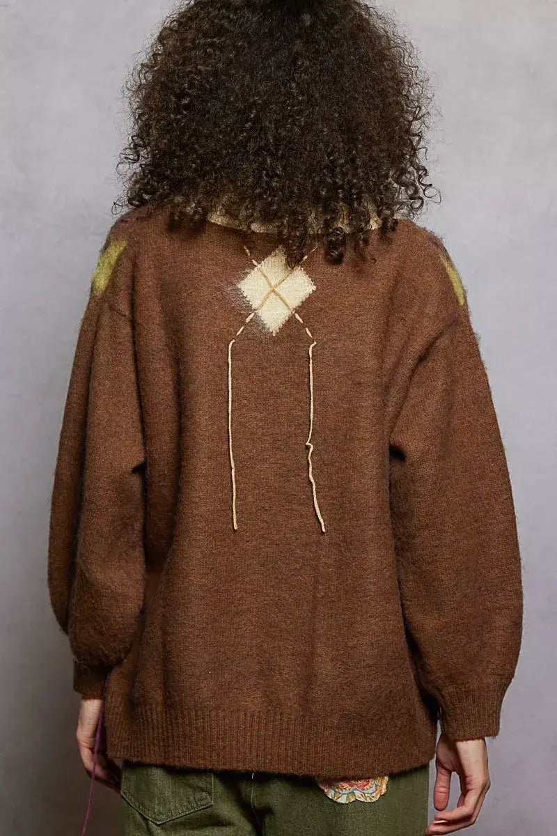 POL V-Neck Argyle Pattern Mohair Sweater with Contrast Exposed Stitch Detail - Trendsi - Flyclothing LLC