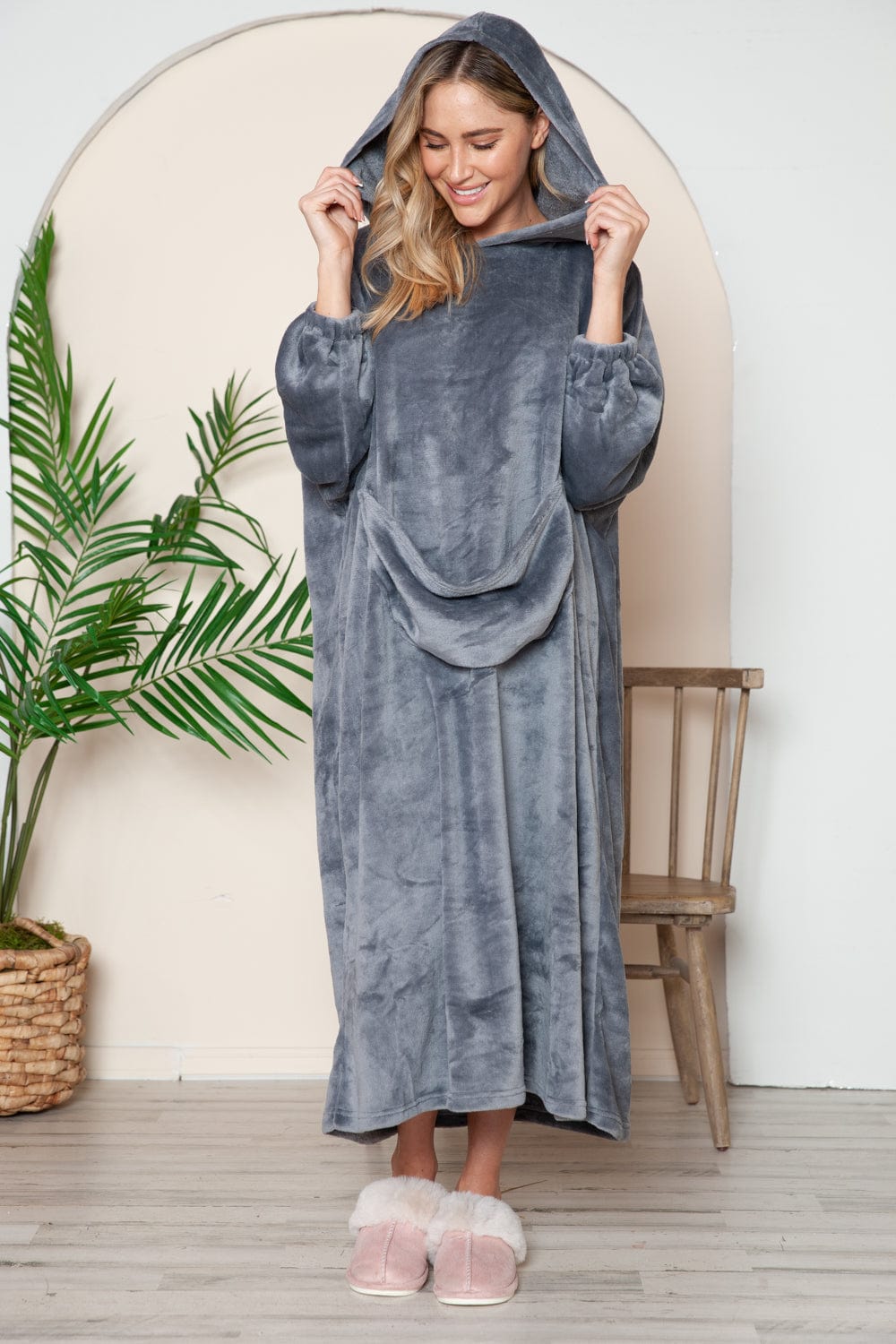 Double Take Full Size Pocketed Hooded Midi Lounge Dress - Trendsi