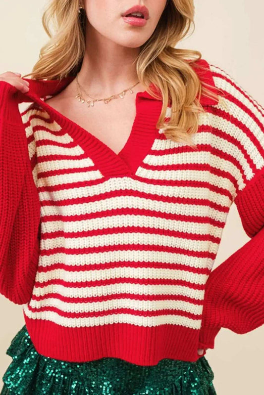 Striped Johnny Collar Long Sleeve Sweater - Trendsi - Flyclothing LLC