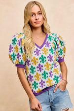 BiBi Mardi Gras Fleur De Lis Patterned V Neck Knit Top - Trendsi - Flyclothing LLC