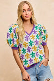 BiBi Mardi Gras Fleur De Lis Patterned V Neck Knit Top - Trendsi - Flyclothing LLC