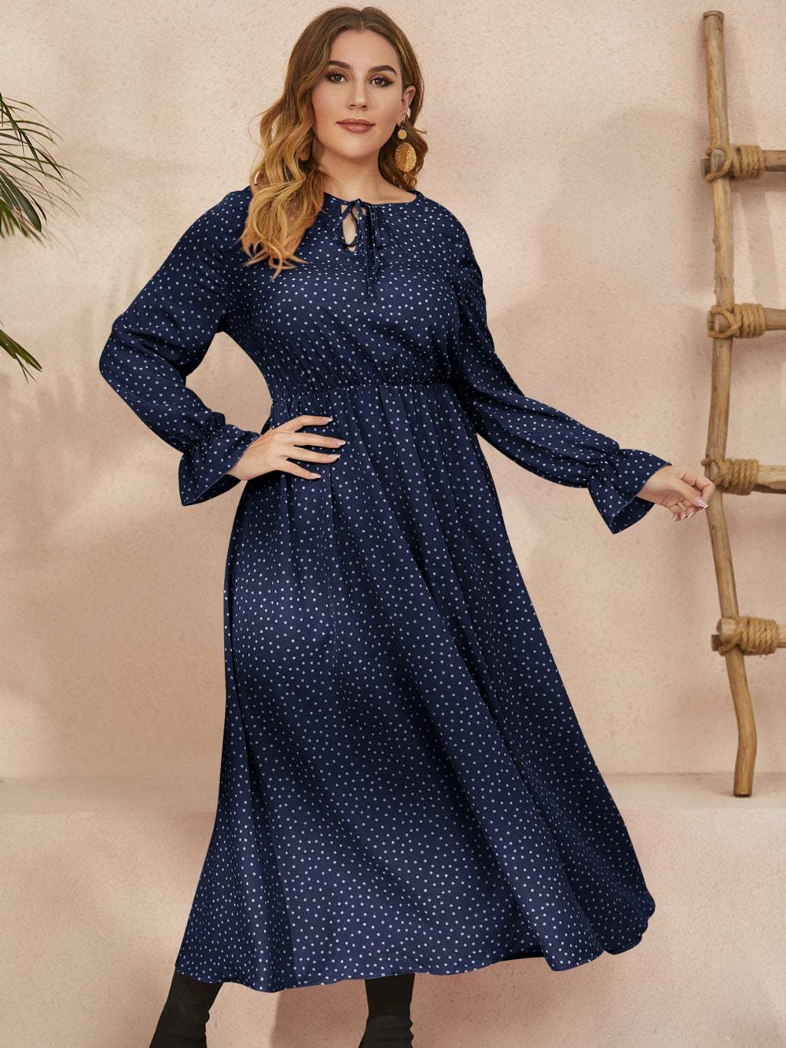 Plus Size Ruffled Polka Dot Long Sleeve Midi Dress - Trendsi - Flyclothing LLC