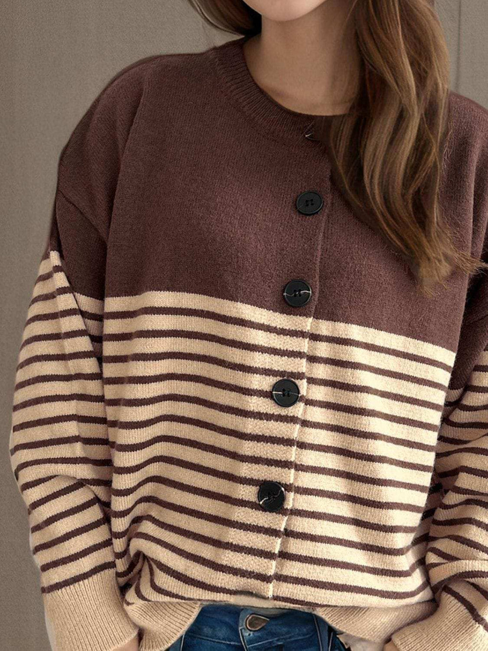Striped Button Down Long Sleeve Cardigan - Trendsi - Flyclothing LLC