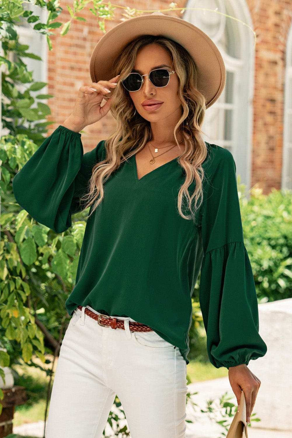 Ruched Notched Balloon Sleeve Blouse - Trendsi - Flyclothing LLC