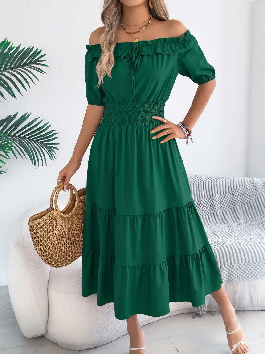 Smocked Off-Shoulder Tiered Dress - Trendsi - Flyclothing LLC