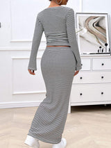 Striped Boat Neck Top and Skirt Set - Trendsi - Flyclothing LLC