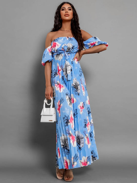 Pleated Floral Off-Shoulder Short Sleeve Midi Dress - Trendsi