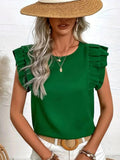 Ruffled Solid Round Neck Cap Sleeve Blouse - Trendsi
