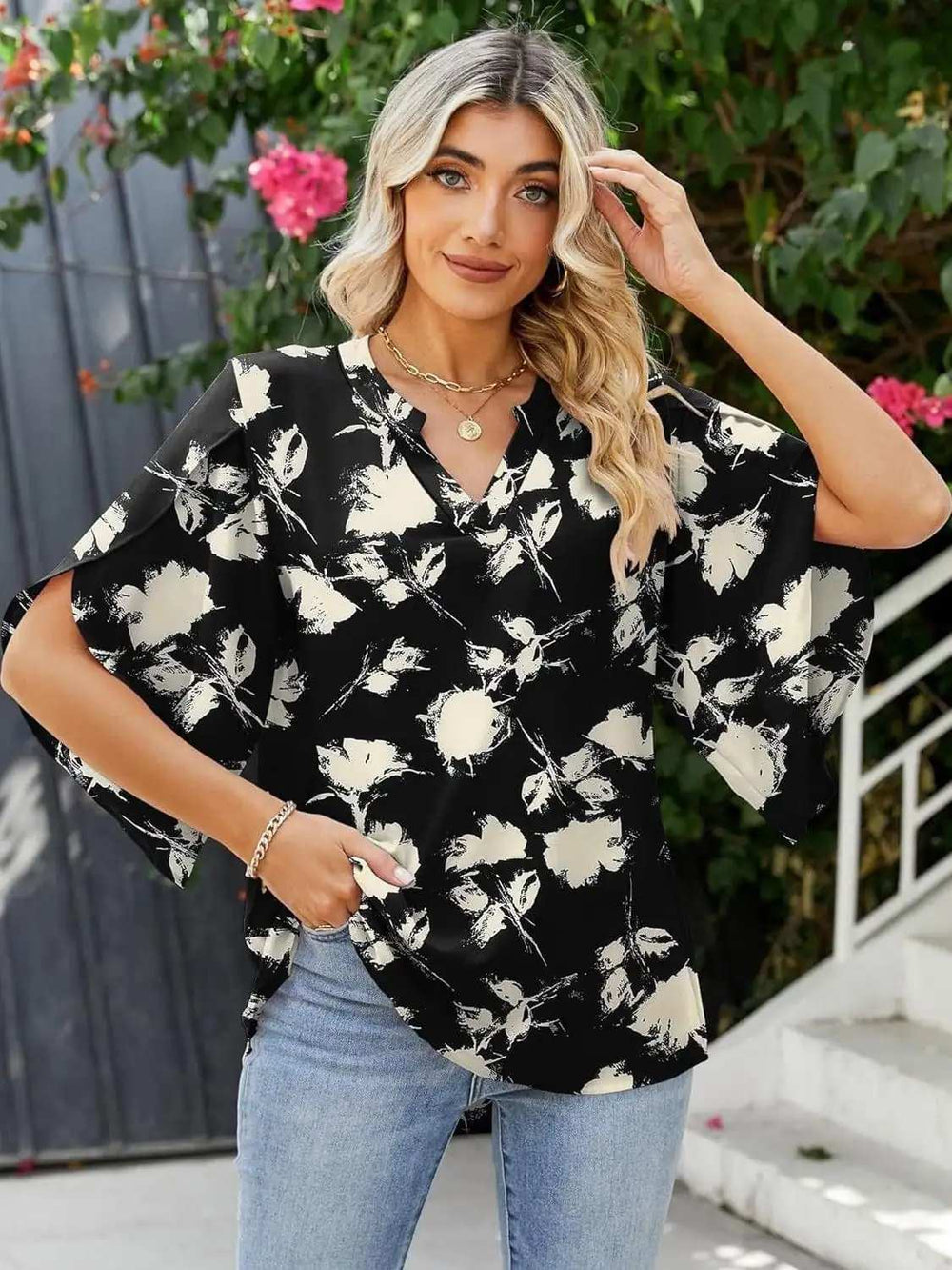Printed Notched Half Sleeve Blouse - Trendsi - Flyclothing LLC