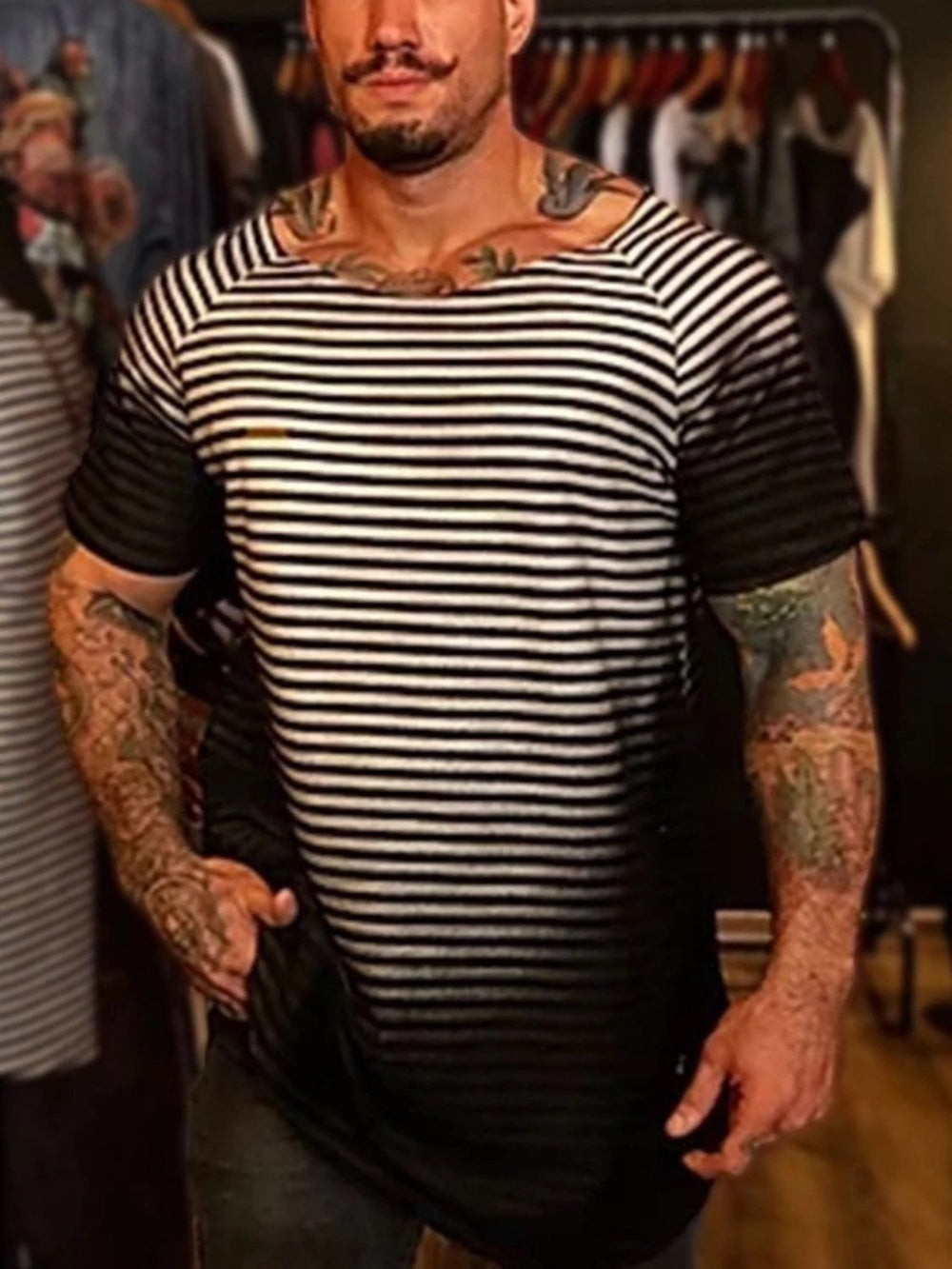 Men's Full Size Round Neck Short Sleeve Striped T-Shirt Plus Size - Trendsi