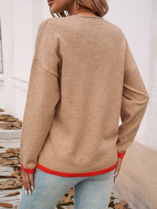 Devine Contrast Trim V-Neck Dropped Shoulder Sweater - Trendsi