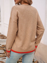 Devine Contrast Trim V-Neck Dropped Shoulder Sweater - Trendsi