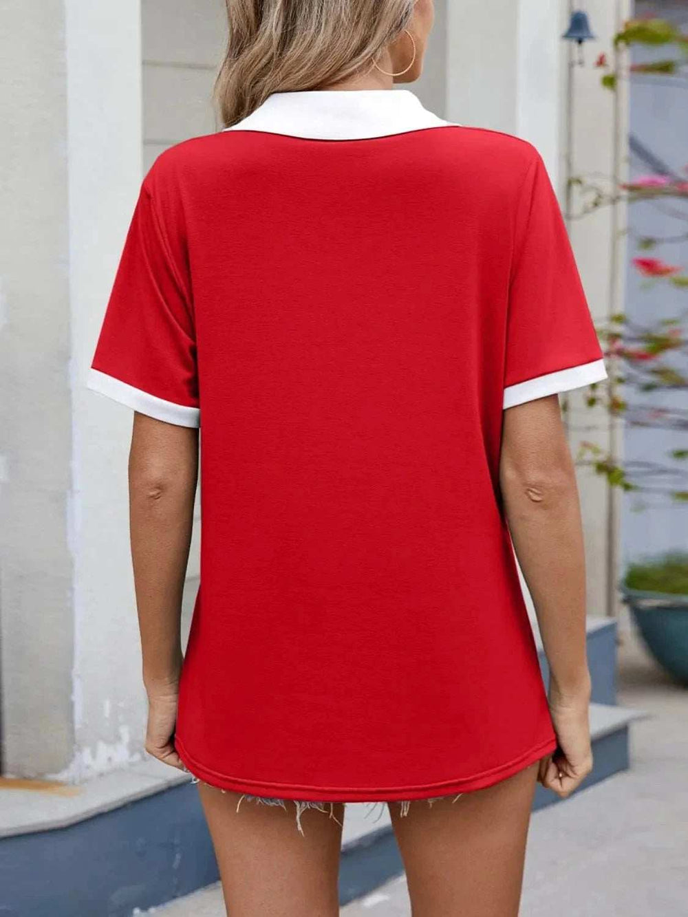Contrast Trim Collar Short Sleeve Casual T-Shirt - Trendsi - Flyclothing LLC