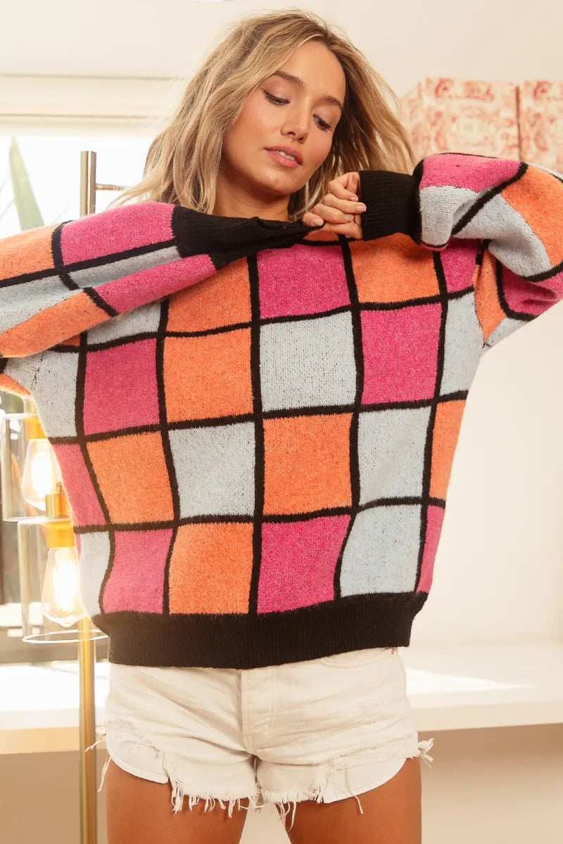 BiBi Multi Color Checker Pattern Sweater - Trendsi - Flyclothing LLC