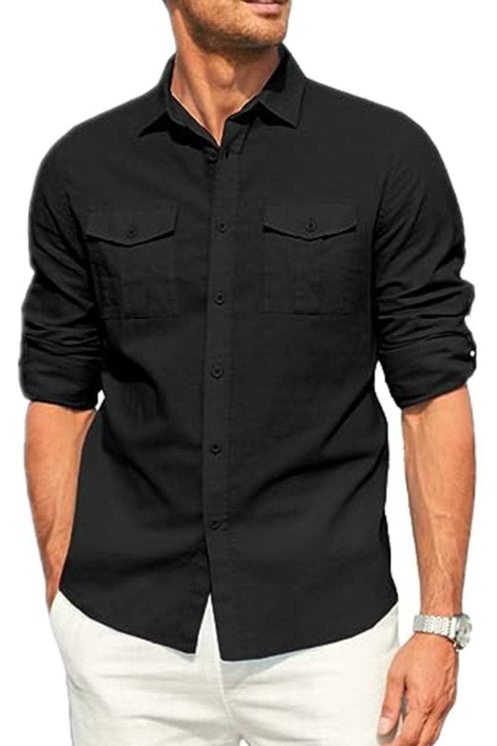 Men's Plus Size Button Down Collared Neck Long Sleeve Shirt - Trendsi - Flyclothing LLC