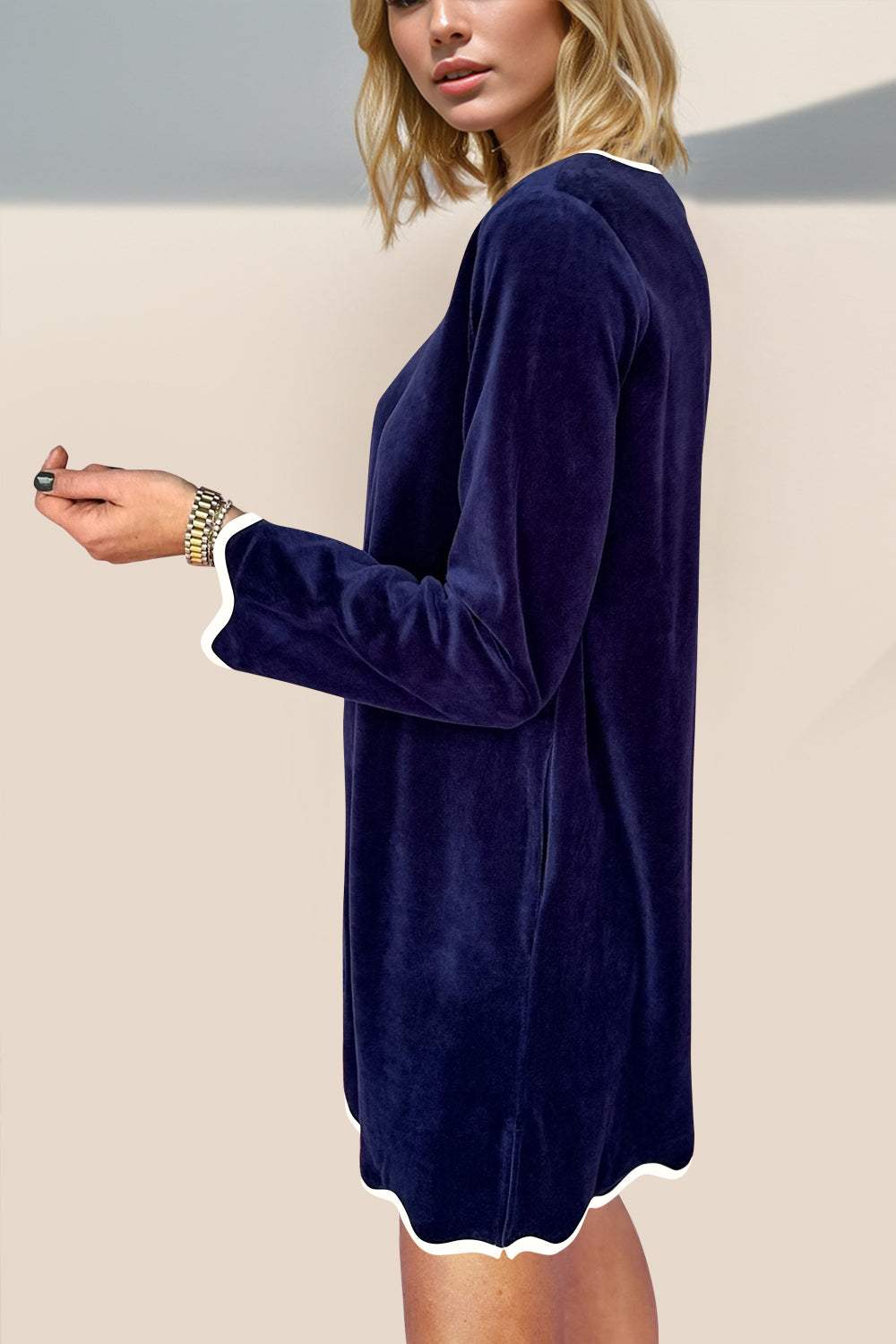 Double Take Wave Contrast Trim V-Neck Zip Up Long Sleeve Mini Dress - Trendsi - Flyclothing LLC