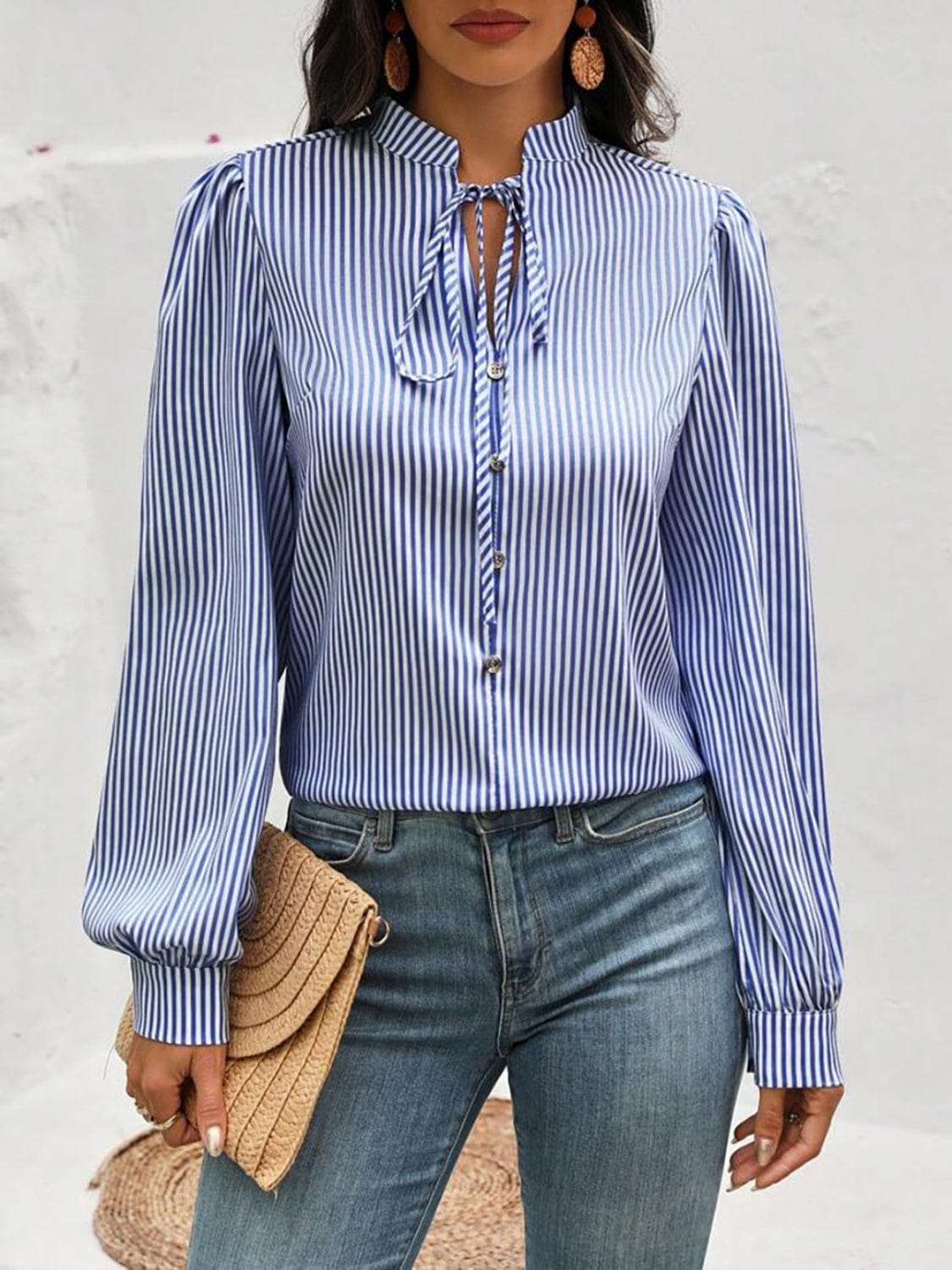 Striped Tie Neck Long Sleeve Blouse - Trendsi